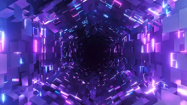 Volare dentro un tunnel esagonale al neon. Sfondo futuristico. Distribuzione caotica dei poligoni. Illustrazione 3d — Foto Stock
