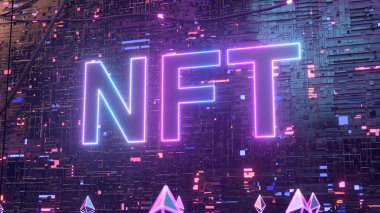 Dijital veri iletim odasını engelleyin. NFT ödenmez jeton. 3d illüstrasyon