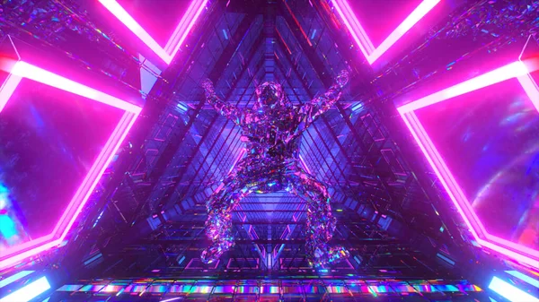 Kristallen astronaut die in de gang van een ruimteschip valt. Neon licht. Diamantsamenstelling. 3d illustratie — Stockfoto