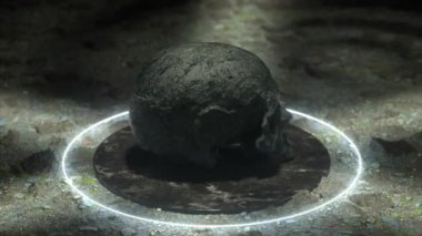 Siyah bir mermer platformda taş bir kafatası takla atıyor. Kölelik ve hapis kavramı. Kusursuz döngünün 3d animasyonu