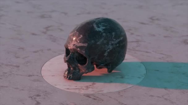 El cráneo humano gira y gira sobre una plataforma. Mármol blanco negro. animación 3d de bucle sin costura — Vídeos de Stock