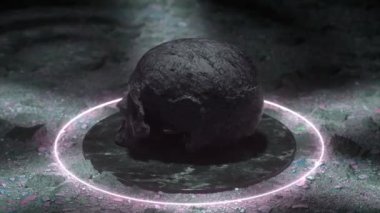 Siyah bir mermer platformda taş bir kafatası takla atıyor. Kölelik ve hapis kavramı. Kusursuz döngünün 3d animasyonu