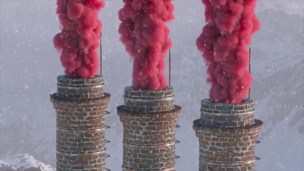 Brick chimney on the against the backdrop of a snowy mountain landscape. Environmental pollution concept. Colored smoke. Winter. 3d animation — Stock Video