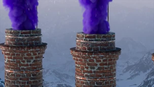 눈덮인 산속 풍경의 배경을 배경으로 벽돌 굴뚝을 만든다. 환경 오염 개념. 분홍빛 연기. 겨울. 3d 애니메이션 — 비디오