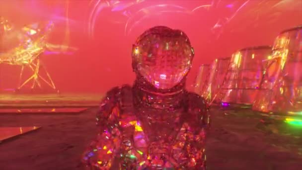Cosmos concept. A diamond astronaut walks across Mars against the backdrop of a space base. Pink color. 3d animation — Stock Video