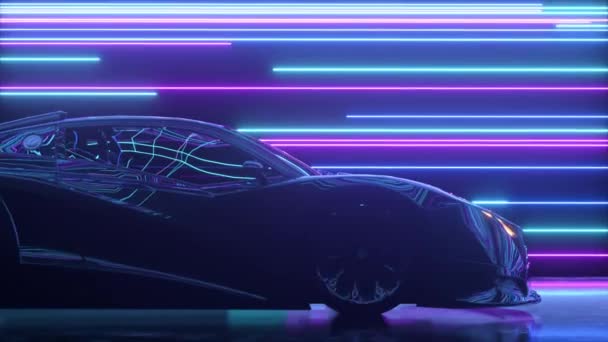 Футуристическая концепция. Спортивный автомобиль движется на фоне светящихся неоновых линий. Синий фиолетовый цвет. 3d анимация бесшовного цикла — стоковое видео