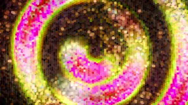 Remolino abstracto de píxeles de neón se mueve en sentido contrario a las agujas del reloj. Color amarillo rosado. animación 3d de bucle sin costura — Vídeos de Stock