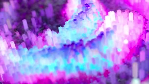 Permukaan gelombang abstrak yang terdiri dari blok bergerak dalam urutan acak kacau. Warna merah muda biru. Animasi 3d dari loop mulus — Stok Video