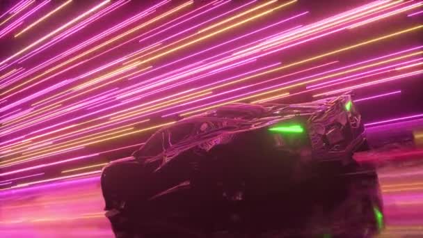 Konsep Futuristik. Mobil sport bergerak melawan latar belakang garis neon bercahaya. Warna ungu muda. Animasi 3d dari loop mulus — Stok Video