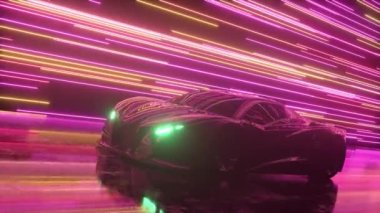 Fütürist bir kavram. Spor araba parlayan neon hatlarının arka planına doğru hareket ediyor. Pembe mor renk. Kusursuz döngünün 3d animasyonu