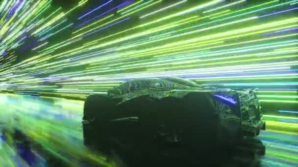 Futuristic concept. The sports car is moving against the backdrop of glowing neon lines. Blue green color. 3d animation of seamless loop — Stock Video