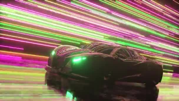 Concetto futuristico. L'auto sportiva si muove sullo sfondo di linee luminose al neon. Colore verde rosa. Animazione 3d di loop senza soluzione di continuità — Video Stock