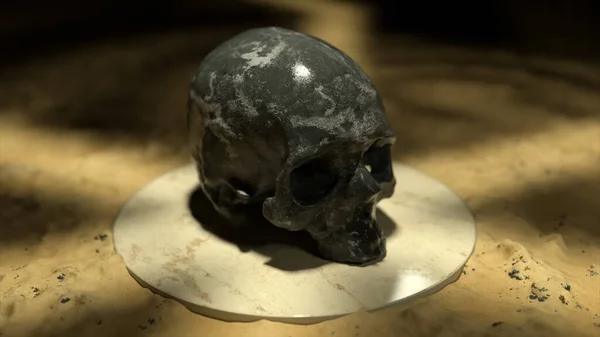 砂の白いプラットフォーム上の黒い大理石の頭蓋骨 3次元イラスト 高品質の写真 — ストック写真