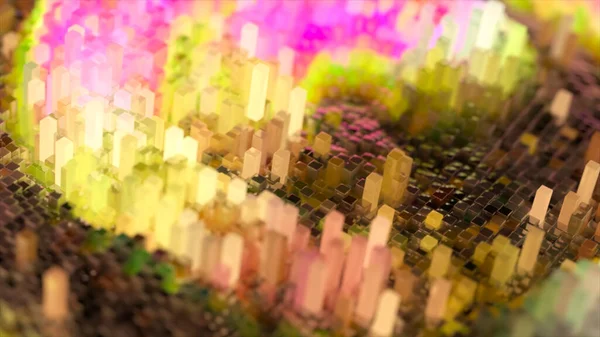 Abstrakt vågyta bestående av block rör sig i slumpmässig kaotisk ordning. Rosa gul färg. 3d Illustration — Stockfoto