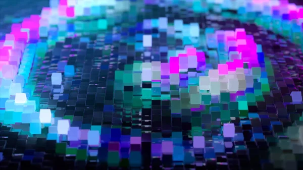 Αφηρημένη επιφάνεια κύματος αποτελούμενη από μπλοκ κινείται σε τυχαία χαοτική σειρά. Μπλε ροζ χρώμα. 3d εικονογράφηση — Φωτογραφία Αρχείου