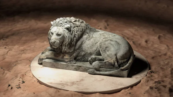 La scultura di un leone sulla piattaforma. Marmo grigio. Sabbia. Illustrazione 3d — Foto Stock