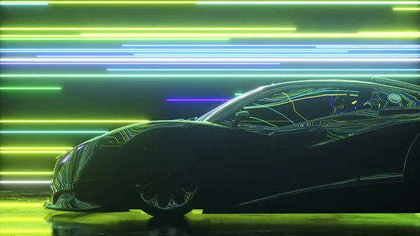 Futuristiskt koncept. Sportbilen rör sig mot bakgrund av glödande neonlinjer. Blå grön färg. 3d Illustration — Stockfoto