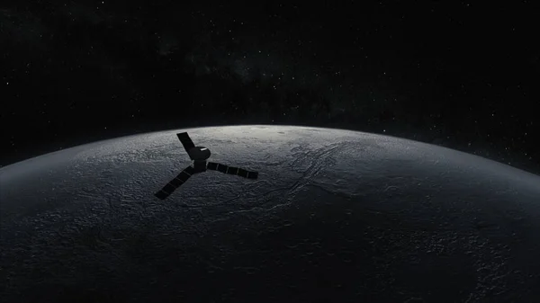 Concepto Cosmos. Un satélite espacial vuela sobre la Luna. Ilustración 3d — Foto de Stock