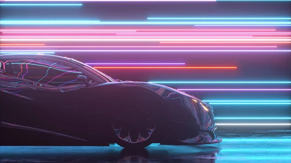 Futuristiskt koncept. Sportbilen rör sig mot bakgrund av glödande neonlinjer. Blå lila färg. 3d Illustration — Stockfoto