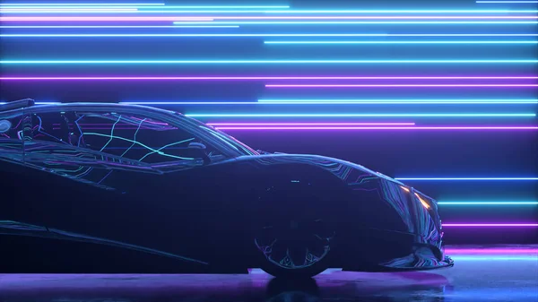Futuristiskt koncept. Sportbilen rör sig mot bakgrund av glödande neonlinjer. Blå lila färg. 3d Illustration — Stockfoto