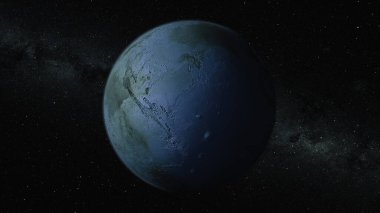 Kozmos konsepti. X Gezegeni üzerinde uçuş. Mavi gezegen. Gezegen yüzeyinin üst görüntüsü. 3d Görüntü