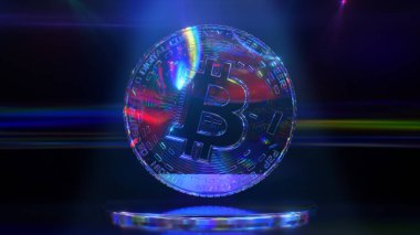 Karanlık arka planda, neon ışıklı elmas bitcoin. Kripto para birimi. Lowpoly. 3d Görüntü