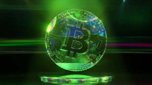 Diamond bitcoin на тёмном фоне с неоновым освещением. Криптовалюта. Лоуполи. 3-е место — стоковое фото