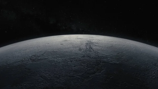 Concepto Cosmos. Vuelo sobre la luna. Vista superior de la superficie de los planetas. Ilustración 3d — Foto de Stock