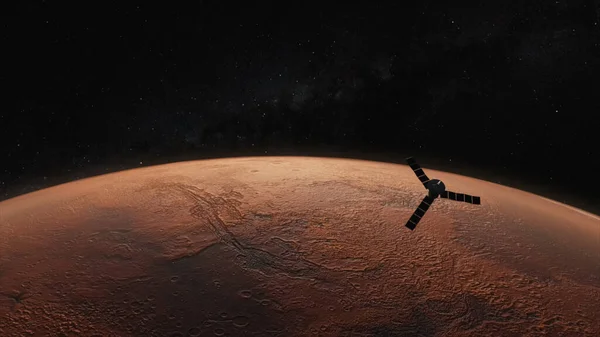 Concepto Cosmos. Un satélite espacial vuela sobre el planeta rojo. Marte. Ilustración 3d — Foto de Stock