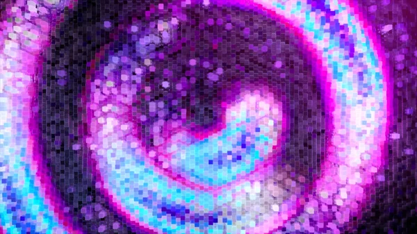 Un turbinio astratto di pixel al neon si muove in senso antiorario. Colore rosa blu. Illustrazione 3d — Foto Stock