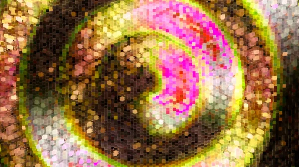 Abstracte werveling van neon pixels beweegt tegen de klok in. Roze gele kleur. 3d Illustratie — Stockfoto