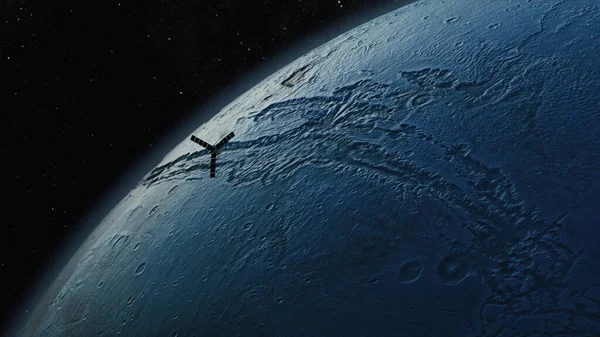 Conceptul Cosmos. Un satelit spaţial zboară deasupra Lunii. 3d Ilustrație — Fotografie, imagine de stoc