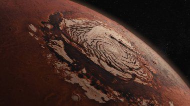 Kozmos konsepti. Mars üzerinde uçuş. Gezegen yüzeyinin üst görüntüsü. 3d Illustration. Yüksek kalite 3d illüstrasyon