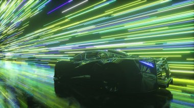Fütürist bir kavram. Spor araba parlayan neon hatlarının arka planına doğru hareket ediyor. Mavi yeşil renk. 3d Görüntü