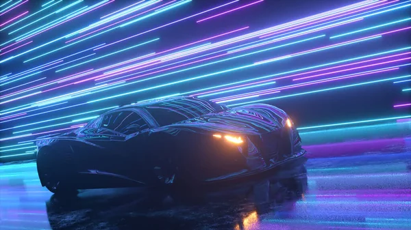 未来主义概念 跑车是在发光的霓虹灯线的背景下行驶的 蓝色紫色 3D说明 高质量3D插图 — 图库照片