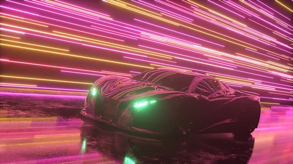 Φουτουριστικό σκεπτικό. Το σπορ αυτοκίνητο κινείται με φόντο τις φωτεινές γραμμές νέον. Ροζ μωβ χρώμα. 3d εικονογράφηση — Φωτογραφία Αρχείου