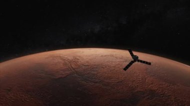 Kozmos konsepti. Bir uzay uydusu kızıl gezegenin üzerinde uçuyor. Mars. 3d canlandırma
