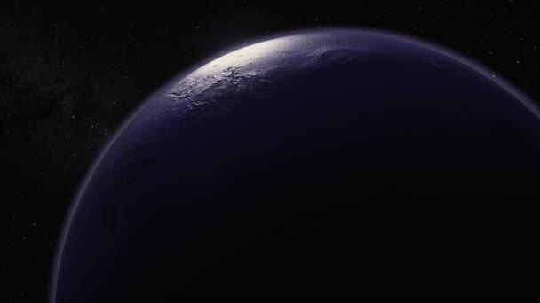 코스모스 개념. 해왕성 상공을 비행 한다. 보라색 행성. 행성 표면의 윗 쪽 사진. 3d 애니메이션. — 비디오