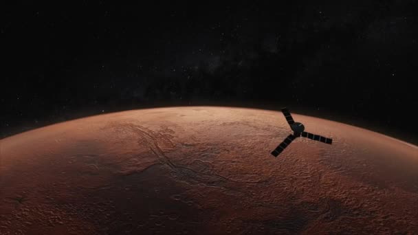 Konsep kosmos. Sebuah satelit ruang terbang di atas planet merah. Mars. Animasi 3d — Stok Video