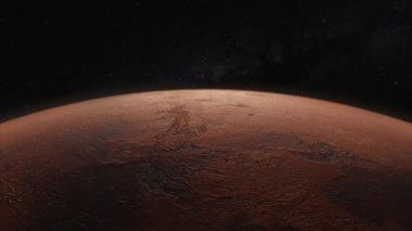 Kozmos konsepti. Mars üzerinde uçuş. Gezegen yüzeyinin üst görüntüsü. 3d canlandırma