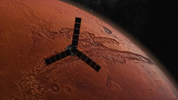 Концепція космосу. Космічний супутник пролітає над червоною планетою. Марс. 3d анімація — стокове відео