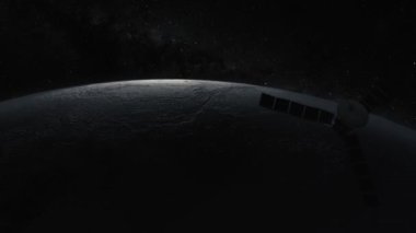 Kozmos konsepti. Bir uzay uydusu Ay 'ın üzerinde uçuyor. 3d canlandırma