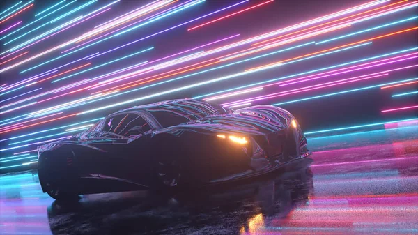 未来主义概念。跑车的背景是发光的霓虹灯线.蓝色紫色。3d说明 — 图库照片
