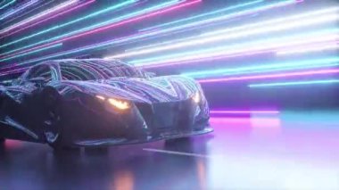 Fütürist bir kavram. Parlak neon hatlarının arka planında spor araba. Kırmızı neon lazer. Kusursuz döngünün 3d animasyonu