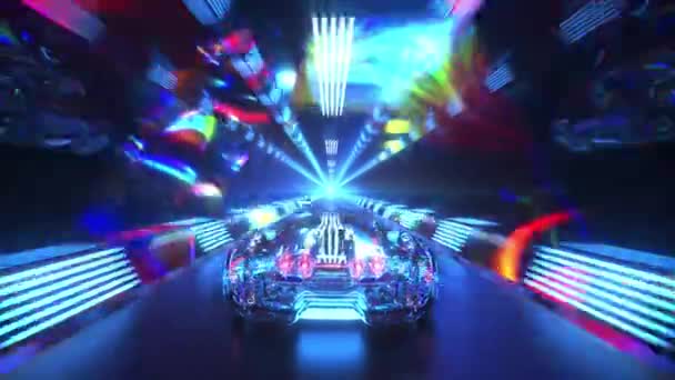 O carro de diamantes está a atravessar o túnel a alta velocidade. Luz de néon azul. animação 3d de loop sem costura — Vídeo de Stock