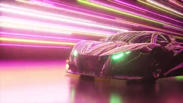 Futuristický koncept. Sportovní auto na pozadí zářících neonových linií. Zelený neonový laser. 3D animace bezešvé smyčky — Stock video