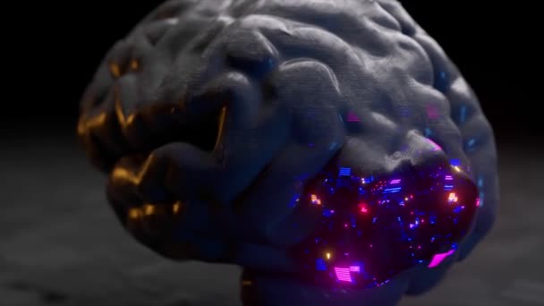 Futuristisches Konzept. Das gläserne Gehirn tritt aus einer mattschwarzen Schale hervor. Blaurosa Neonlicht. 3D-Animation — Stockvideo
