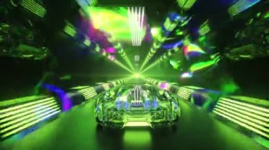 Elmas araba yüksek hızda tünelden geçiyor. Yeşil neon ışığı. Kusursuz döngünün 3d animasyonu