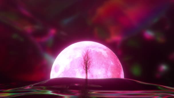 Το δέντρο των διαμαντιών ανθίζει στο φόντο του φεγγαριού. Ροζ νέον χρώμα. 3d κινούμενα σχέδια — Αρχείο Βίντεο