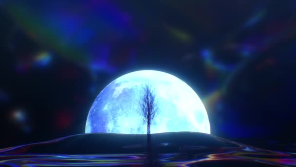 月を背景にダイヤモンドの木が咲きます。青いネオンカラー。3Dアニメーション — ストック動画